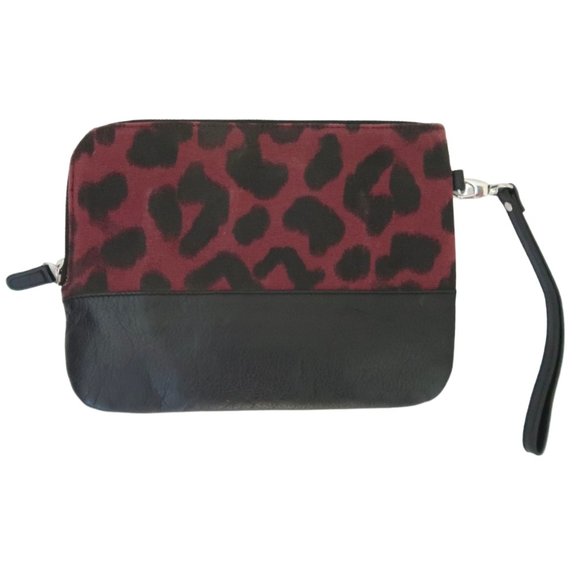 SANDRO animal print canvas & leather zip clutch bag w wristlet - Picture 2 of 5